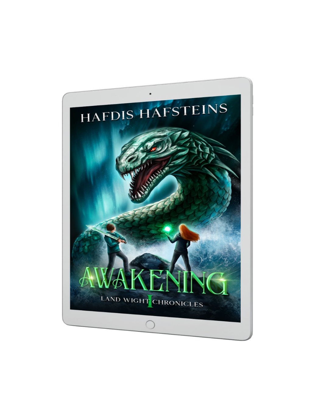 An iPad showing the cover of the eBook version of the YA Mythological fantasy "Awakening" by Hafdis Hafsteins