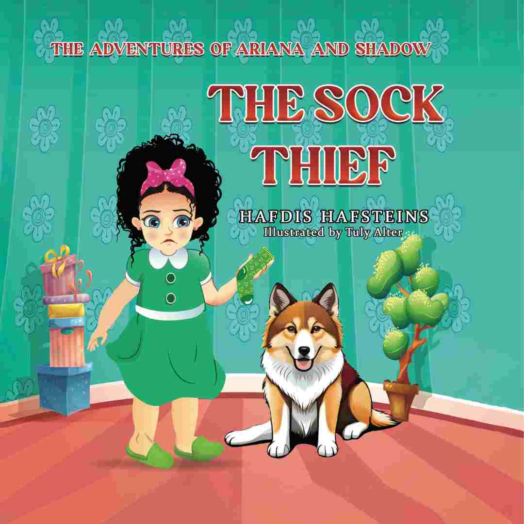 Image of the cover of author Hafdis Hafsteins' picture book The Adventures of Ariana and Shadow: The Sock Thief